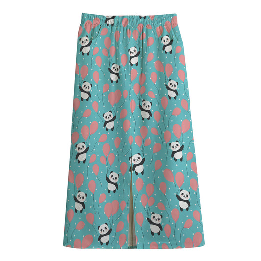 Cute Panda And Balloon Pattern Print Cotton Front Slit Maxi Skirt