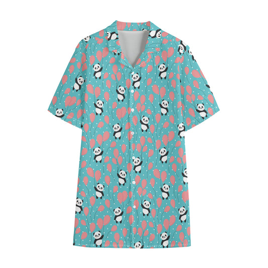 Cute Panda And Balloon Pattern Print Cotton Hawaiian Shirt