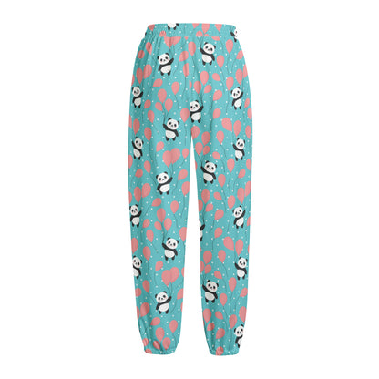 Cute Panda And Balloon Pattern Print Fleece Lined Knit Pants