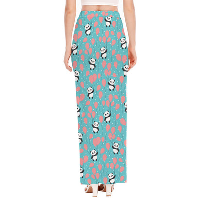 Cute Panda And Balloon Pattern Print High Slit Maxi Skirt