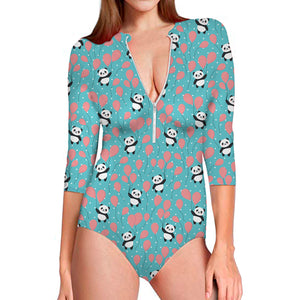 Cute Panda And Balloon Pattern Print Long Sleeve Swimsuit