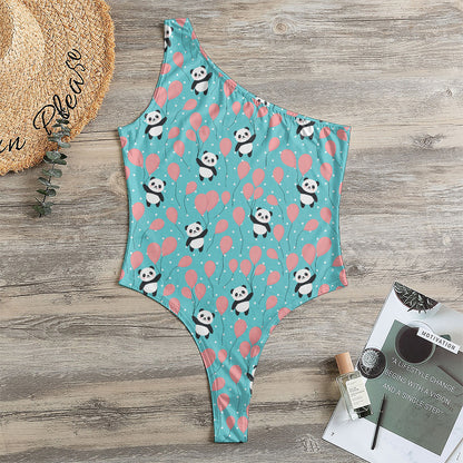 Cute Panda And Balloon Pattern Print One Shoulder Bodysuit