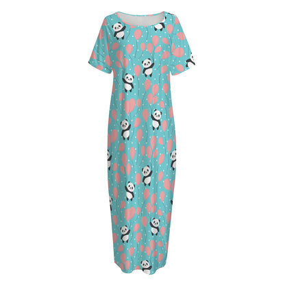 Cute Panda And Balloon Pattern Print Short Sleeve Long Nightdress