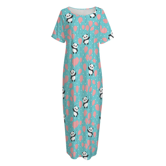 Cute Panda And Balloon Pattern Print Short Sleeve Long Nightdress