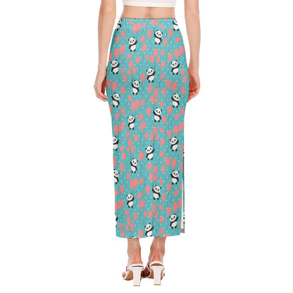 Cute Panda And Balloon Pattern Print Side Slit Maxi Skirt