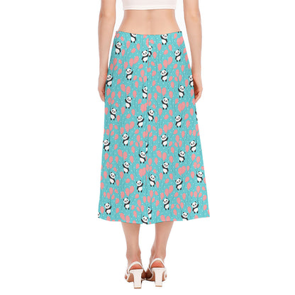 Cute Panda And Balloon Pattern Print Side Slit Midi Skirt