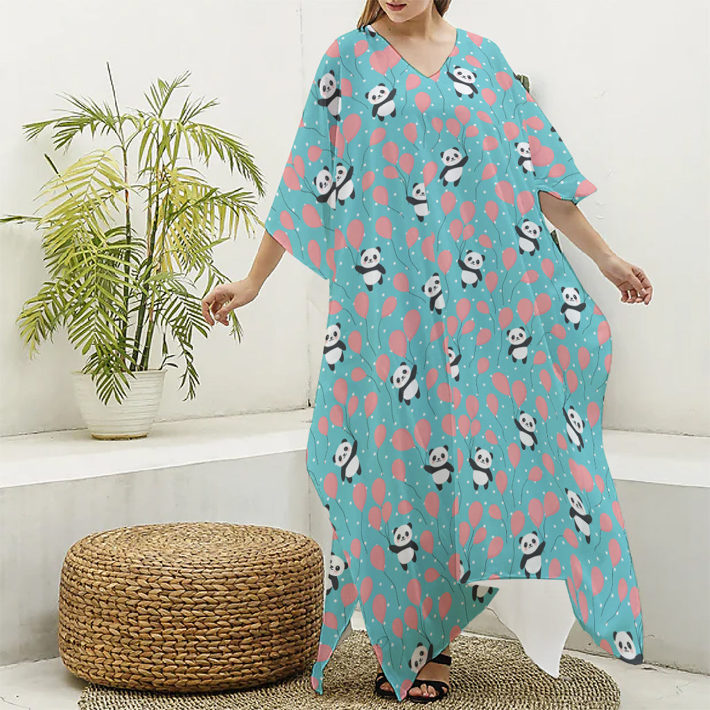 Cute Panda And Balloon Pattern Print Silk V-Neck Kaftan Dress