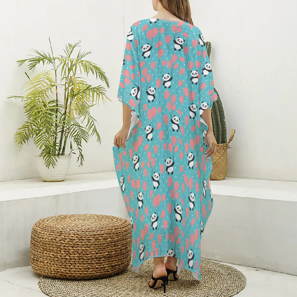 Cute Panda And Balloon Pattern Print Silk V-Neck Kaftan Dress