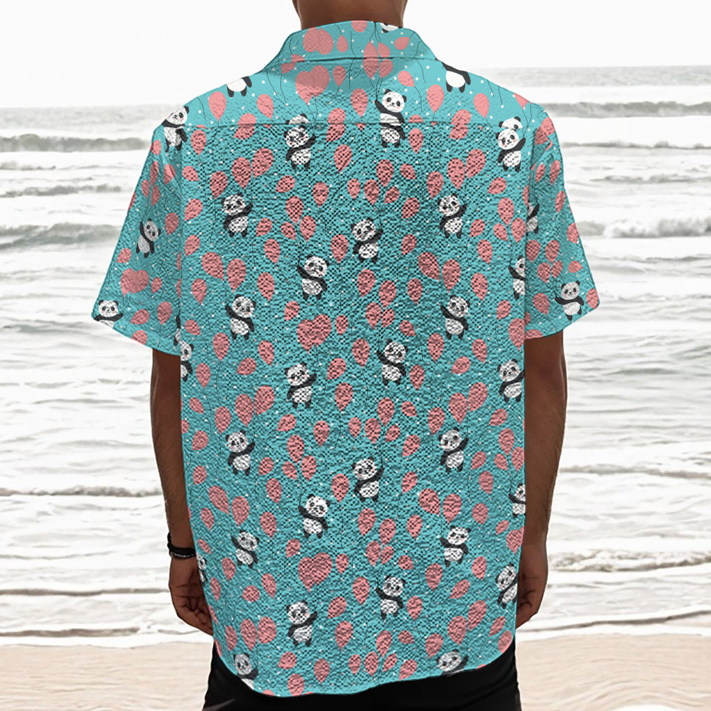 Cute Panda And Balloon Pattern Print Textured Short Sleeve Shirt
