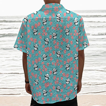 Cute Panda And Balloon Pattern Print Textured Short Sleeve Shirt
