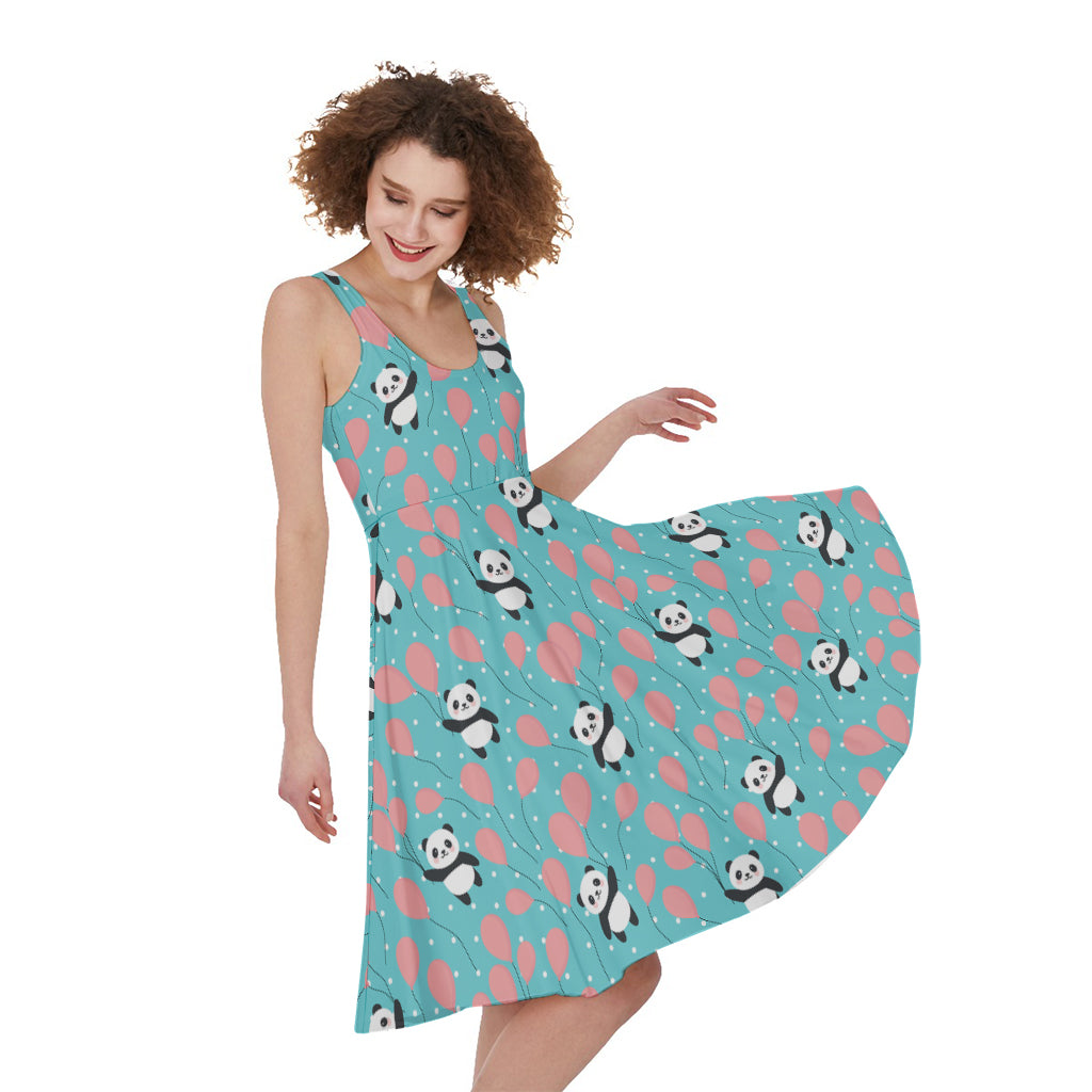 Cute Panda And Balloon Pattern Print Women's Sleeveless Dress