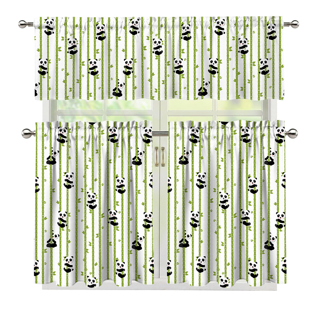 Cute Panda And Bamboo Pattern Print 3 Piece Kitchen Curtains