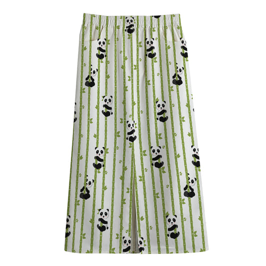 Cute Panda And Bamboo Pattern Print Cotton Front Slit Maxi Skirt