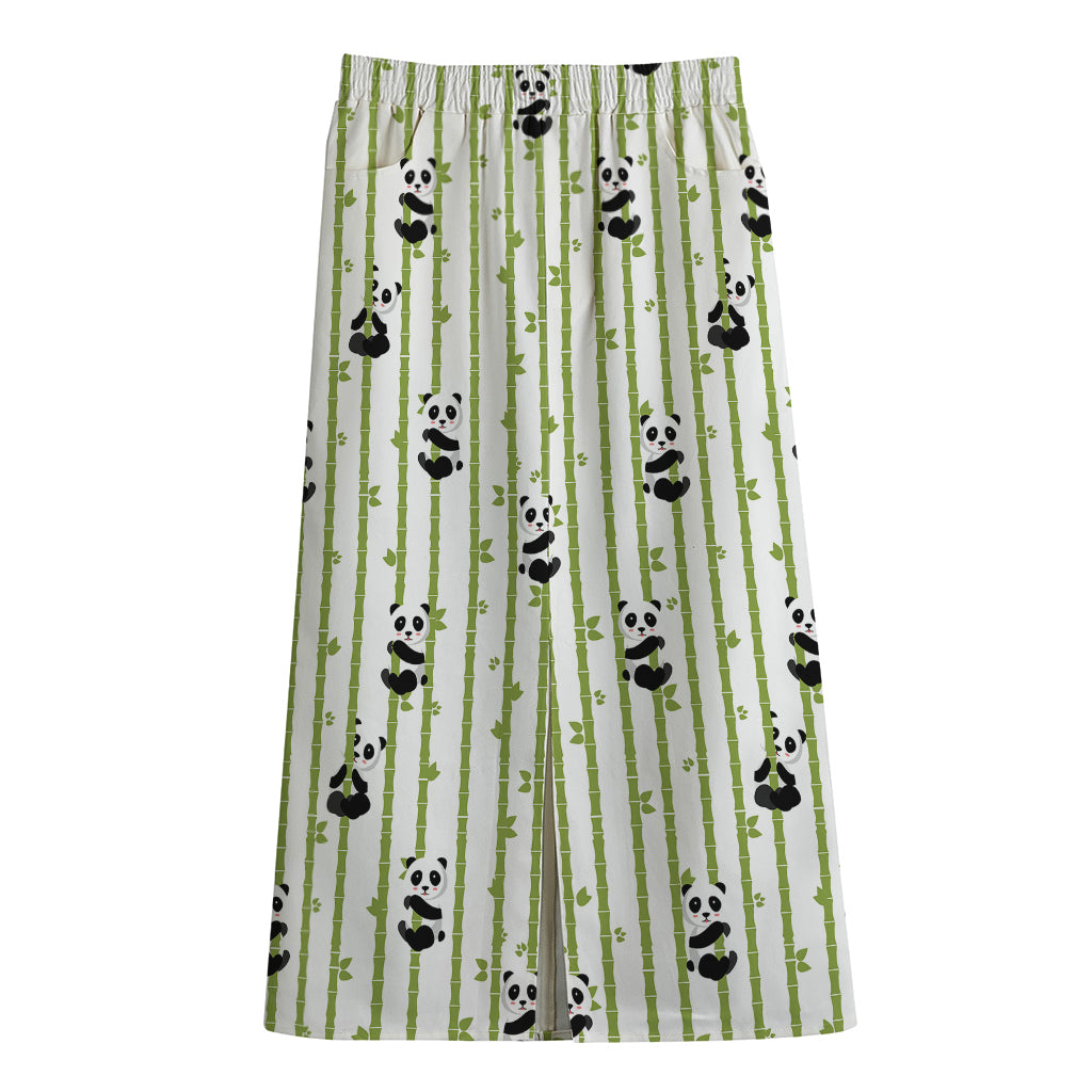 Cute Panda And Bamboo Pattern Print Cotton Front Slit Maxi Skirt