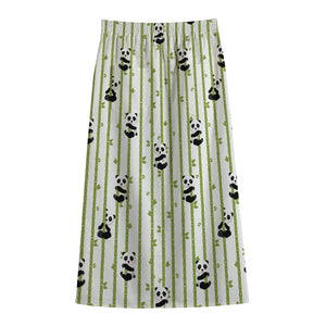 Cute Panda And Bamboo Pattern Print Cotton Front Slit Maxi Skirt