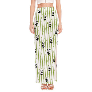 Cute Panda And Bamboo Pattern Print High Slit Maxi Skirt