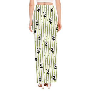 Cute Panda And Bamboo Pattern Print High Slit Maxi Skirt