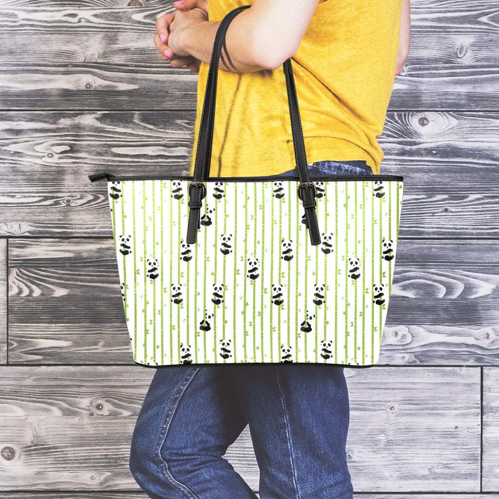 Cute Panda And Bamboo Pattern Print Leather Tote Bag