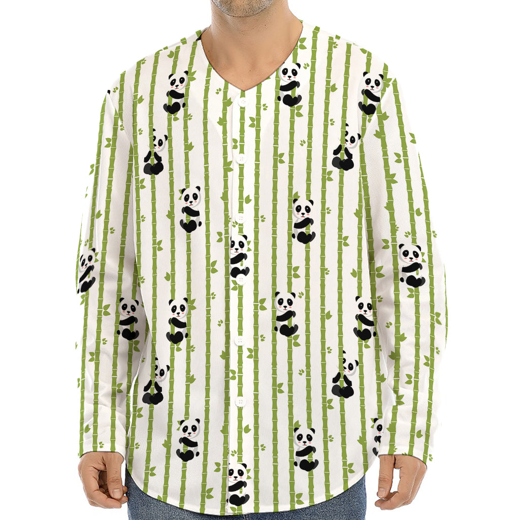 Cute Panda And Bamboo Pattern Print Long Sleeve Baseball Jersey