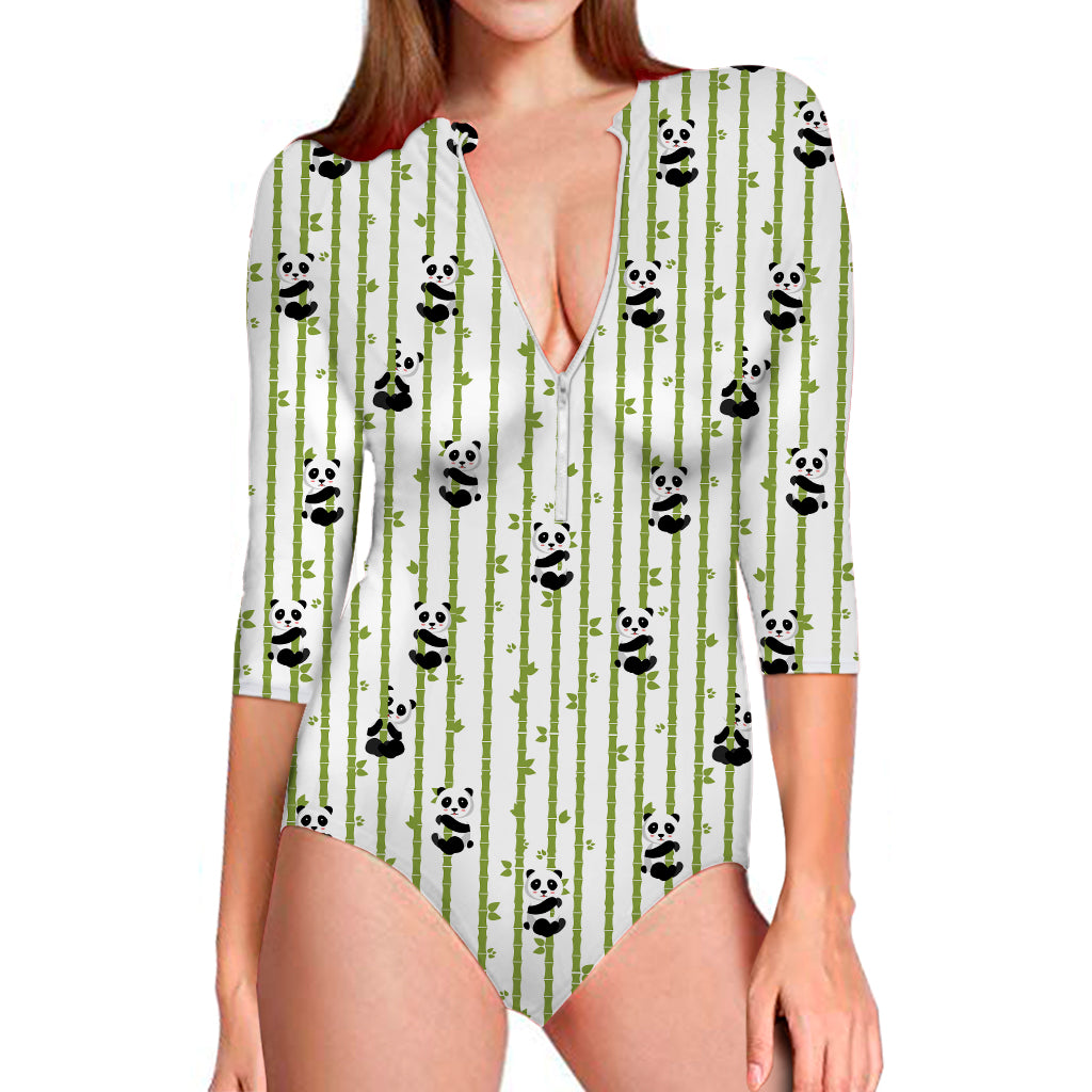 Cute Panda And Bamboo Pattern Print Long Sleeve Swimsuit