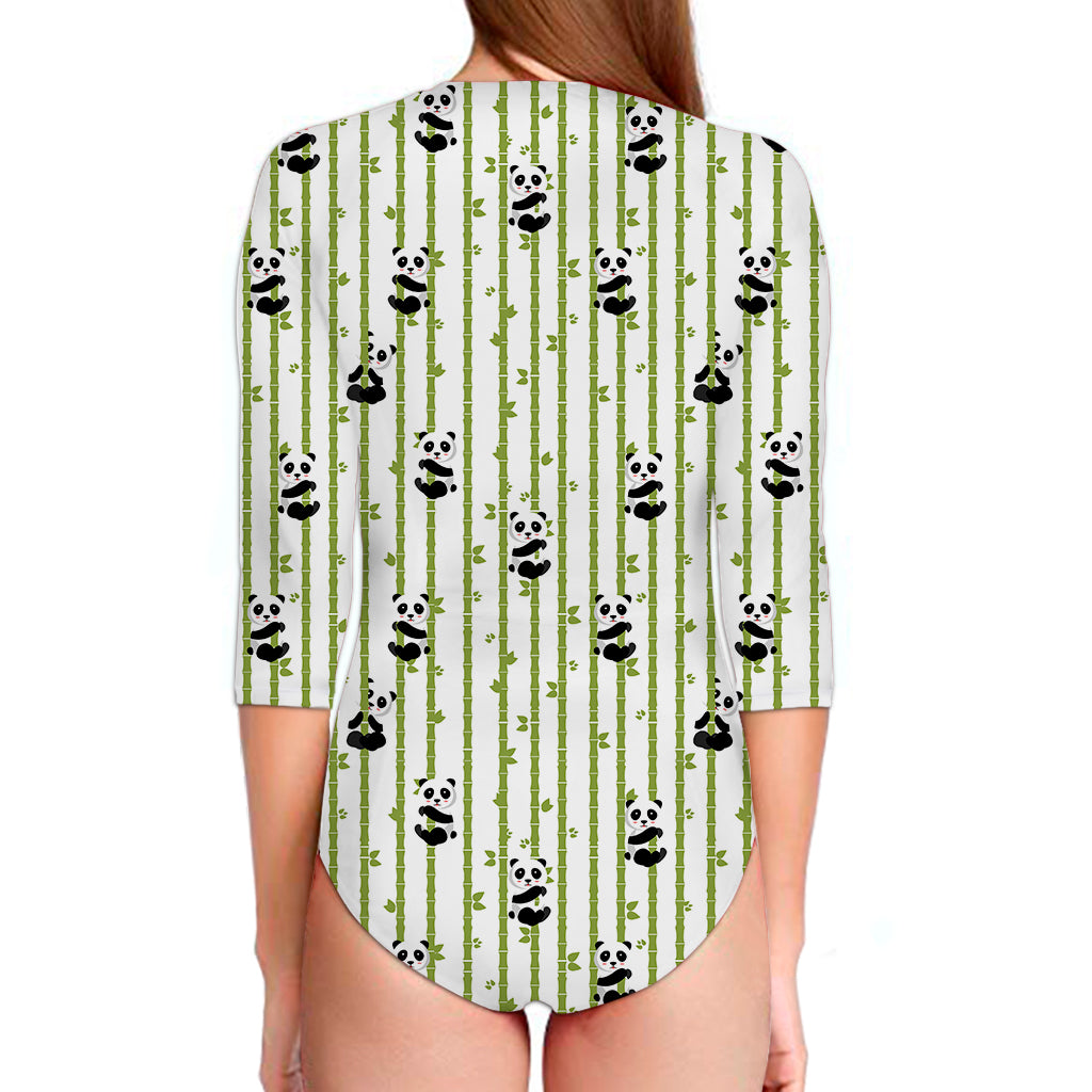 Cute Panda And Bamboo Pattern Print Long Sleeve Swimsuit