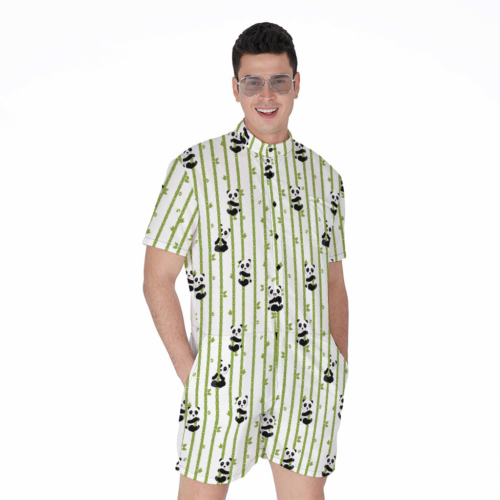 Cute Panda And Bamboo Pattern Print Men's Rompers