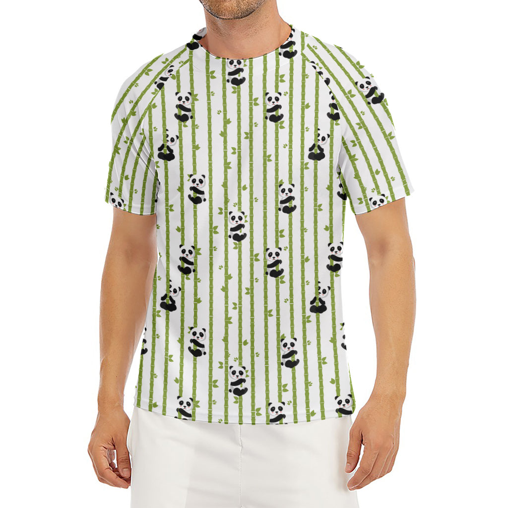 Cute Panda And Bamboo Pattern Print Men's Short Sleeve Rash Guard