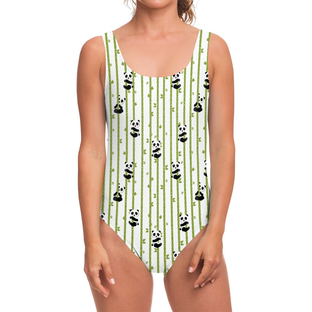 Cute Panda And Bamboo Pattern Print One Piece Swimsuit