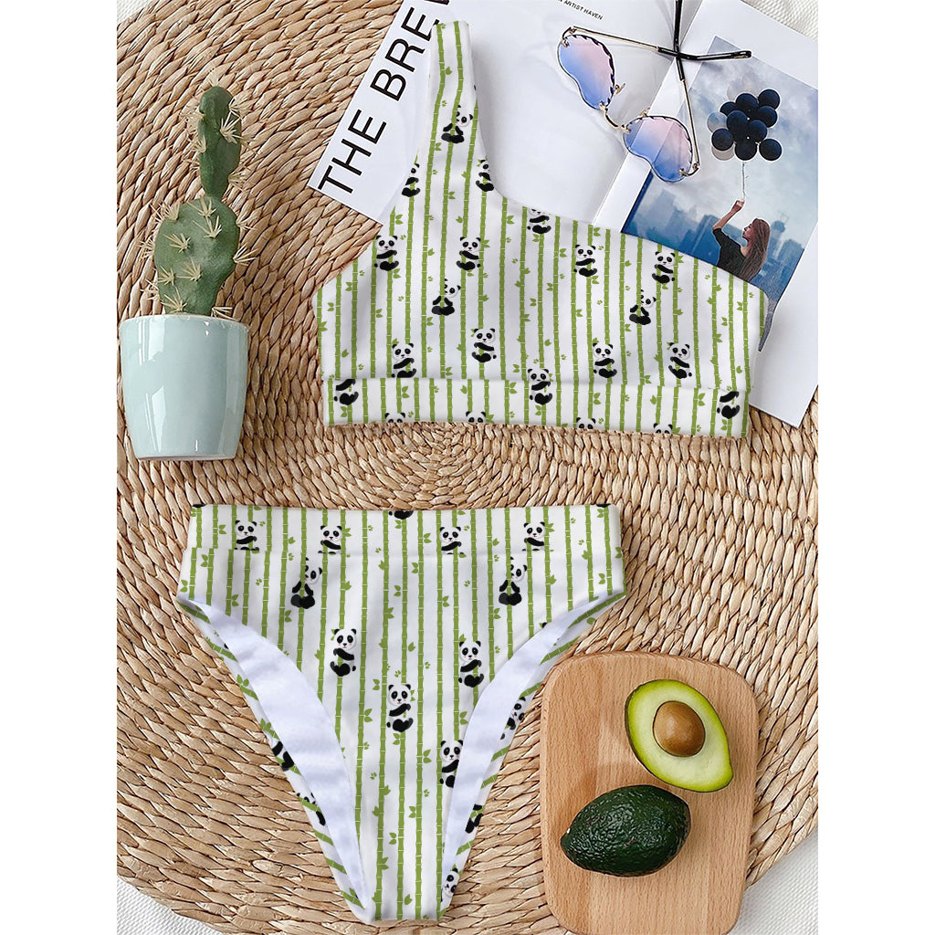 Cute Panda And Bamboo Pattern Print One Shoulder Bikini Top