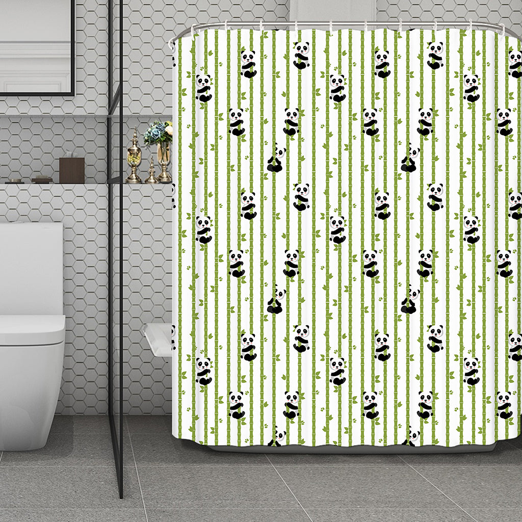 Cute Panda And Bamboo Pattern Print Polyester Shower Curtain