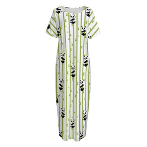 Cute Panda And Bamboo Pattern Print Short Sleeve Long Nightdress