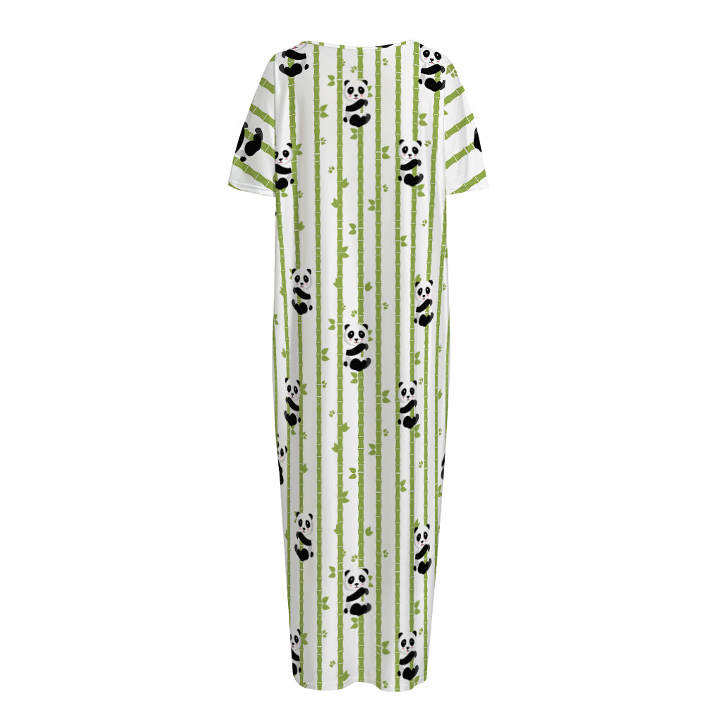 Cute Panda And Bamboo Pattern Print Short Sleeve Long Nightdress