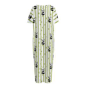 Cute Panda And Bamboo Pattern Print Short Sleeve Long Nightdress