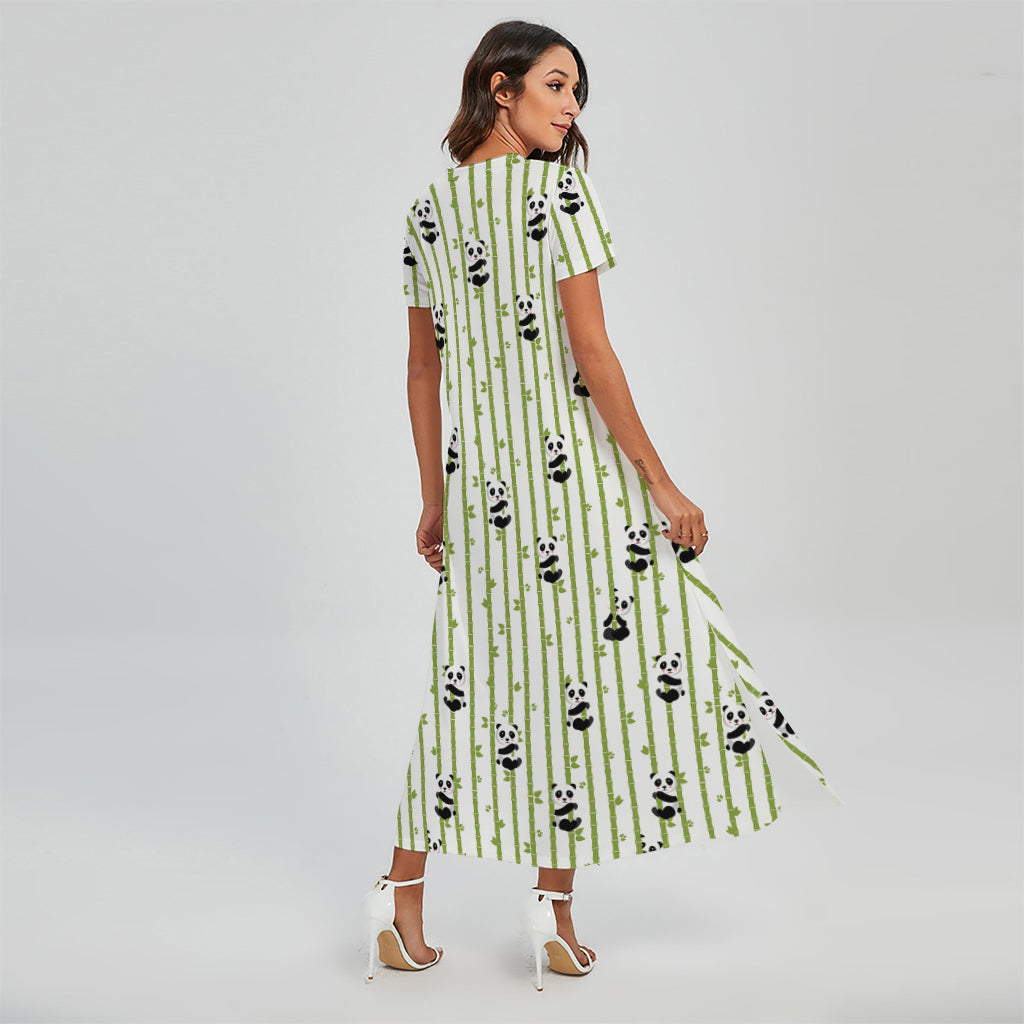 Cute Panda And Bamboo Pattern Print Short Sleeve Maxi Dress