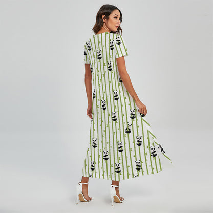 Cute Panda And Bamboo Pattern Print Short Sleeve Maxi Dress