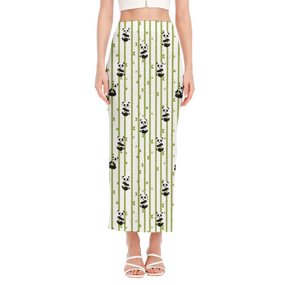 Cute Panda And Bamboo Pattern Print Side Slit Maxi Skirt