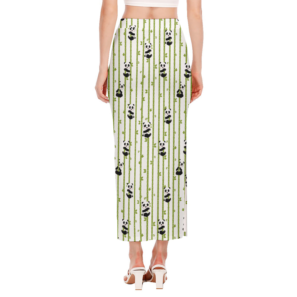 Cute Panda And Bamboo Pattern Print Side Slit Maxi Skirt