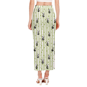 Cute Panda And Bamboo Pattern Print Side Slit Maxi Skirt