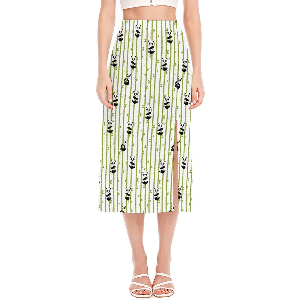 Cute Panda And Bamboo Pattern Print Side Slit Midi Skirt