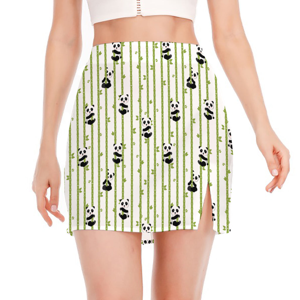 Cute Panda And Bamboo Pattern Print Side Slit Mini Skirt