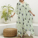 Cute Panda And Bamboo Pattern Print Silk V-Neck Kaftan Dress