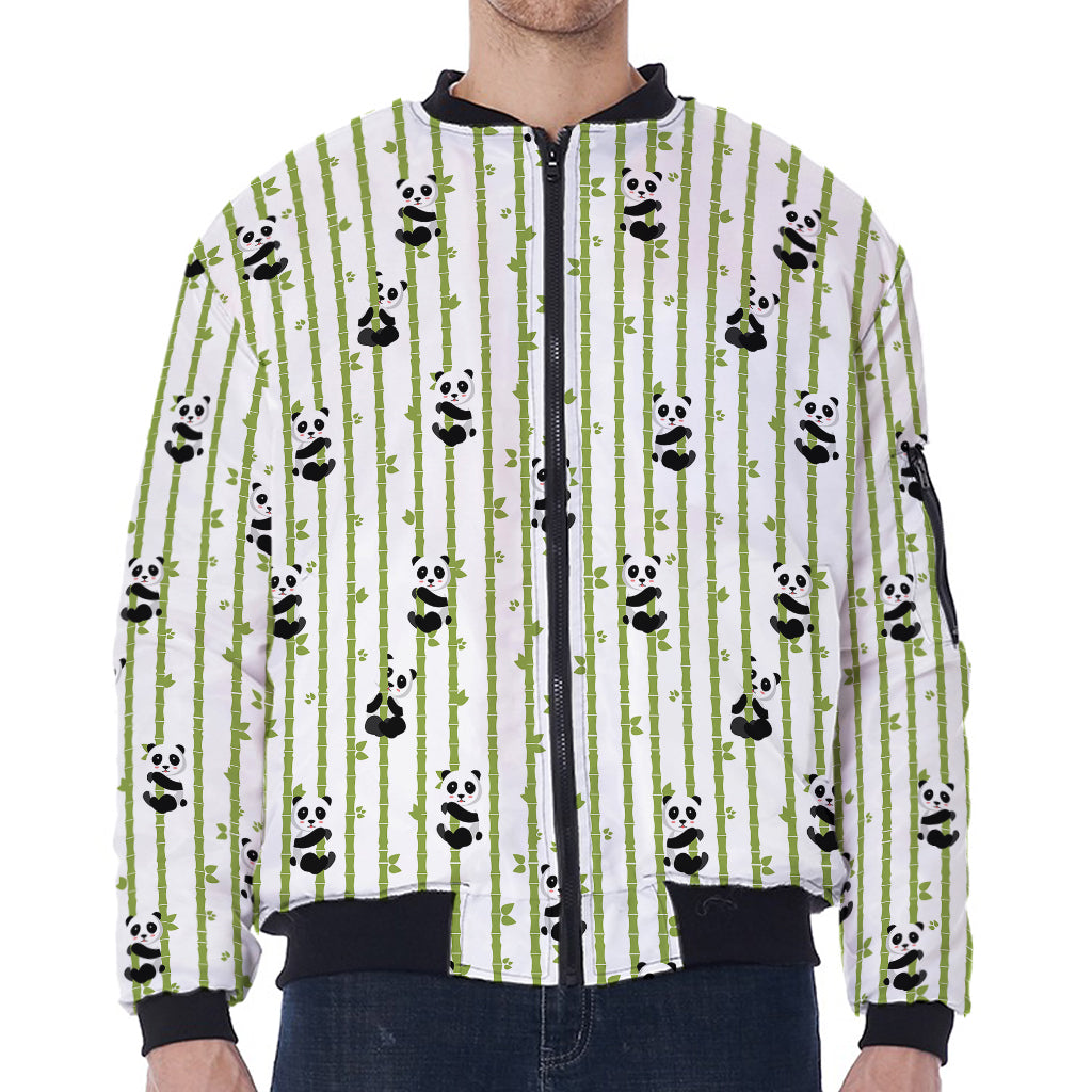 Cute Panda And Bamboo Pattern Print Zip Sleeve Bomber Jacket