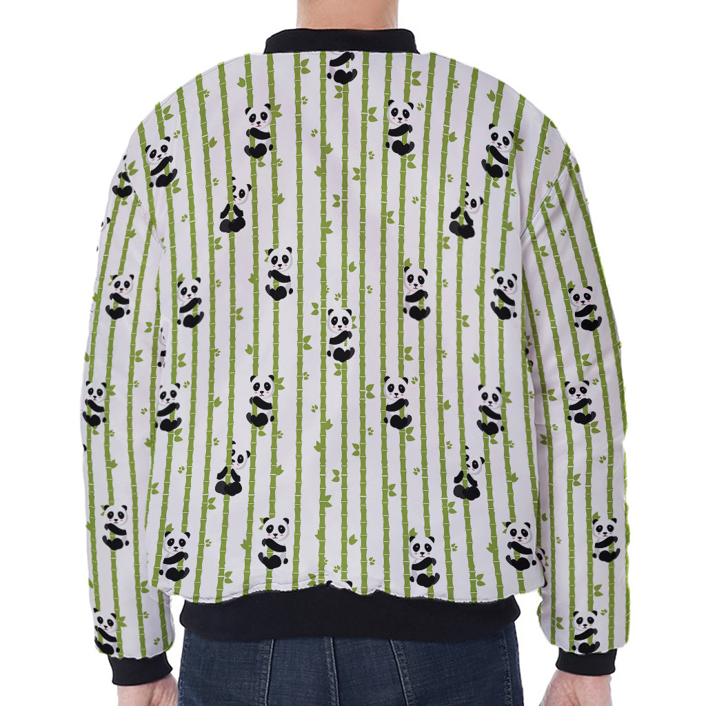 Cute Panda And Bamboo Pattern Print Zip Sleeve Bomber Jacket