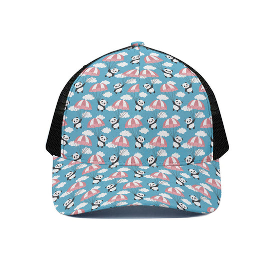 Cute Panda And Parachute Pattern Print Black Mesh Trucker Cap