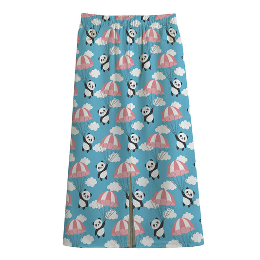 Cute Panda And Parachute Pattern Print Cotton Front Slit Maxi Skirt