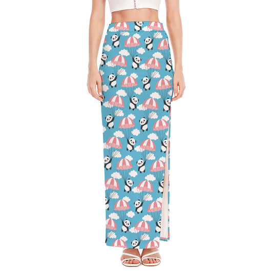 Cute Panda And Parachute Pattern Print High Slit Maxi Skirt