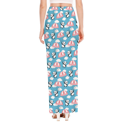Cute Panda And Parachute Pattern Print High Slit Maxi Skirt