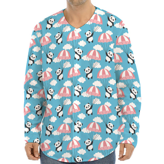 Cute Panda And Parachute Pattern Print Long Sleeve Baseball Jersey
