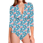 Cute Panda And Parachute Pattern Print Long Sleeve Swimsuit