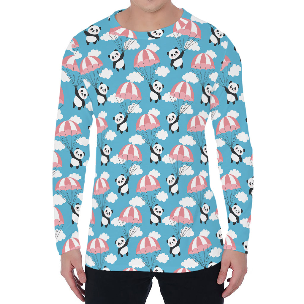 Cute Panda And Parachute Pattern Print Men's Long Sleeve T-Shirt